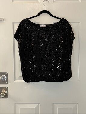 Black Sequin Short-Sleeve Blouse